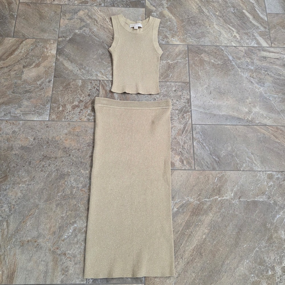 Michael Kors Metallic Gold Ribbed Knit 2 Piece Skirt Set‎ Tank Midi XS XXS